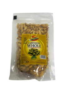 A pack of whole green cardamom pods known for their fresh aroma and use in cooking, baking, and beverages.